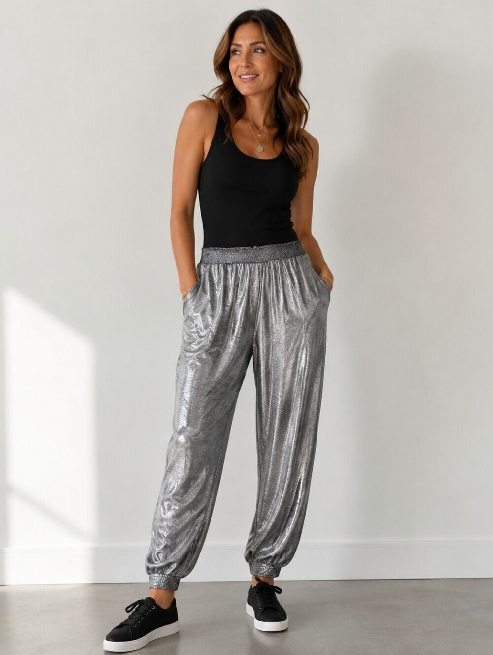 Anthropologie Shimmer Joggers Pants Pockets Metallic Silver
